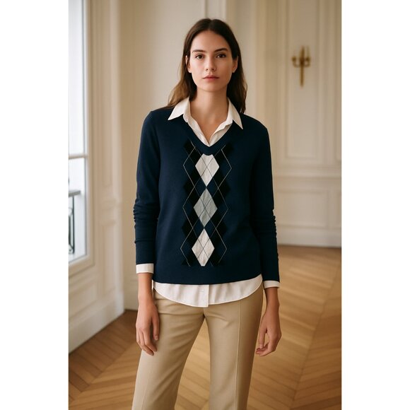 Tommy Hilfiger Argyle Layered Sweater Navy White Preppy V Neck Classic Pullover - Picture 1 of 6